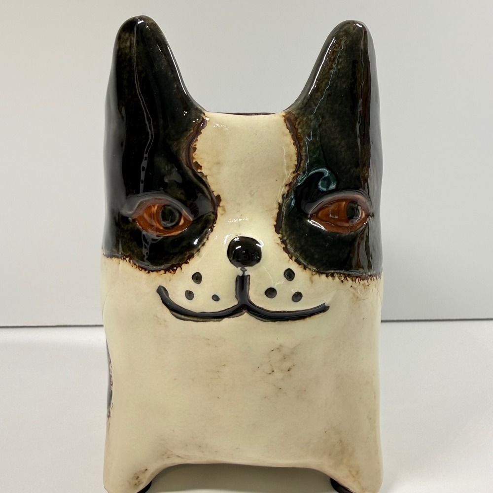 Boston Terrier French Bulldog Ceramic Planter Glossy Black Dog Vase Holder 6.5" - Picture 2 of 9